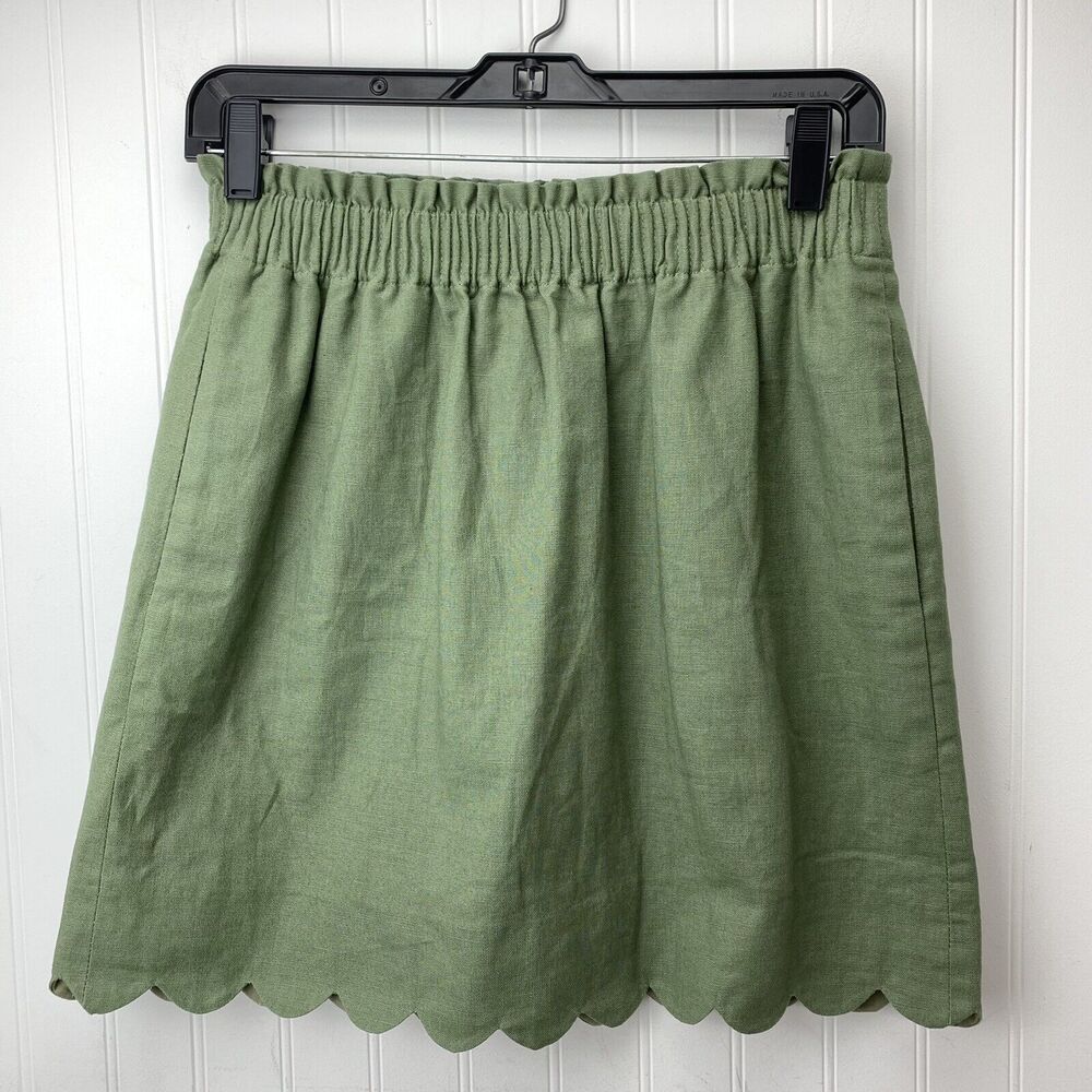 Green Mini Skirt J Crew Sz 2 Linen Blend Pull On Lined Scalloped Hem Pockets